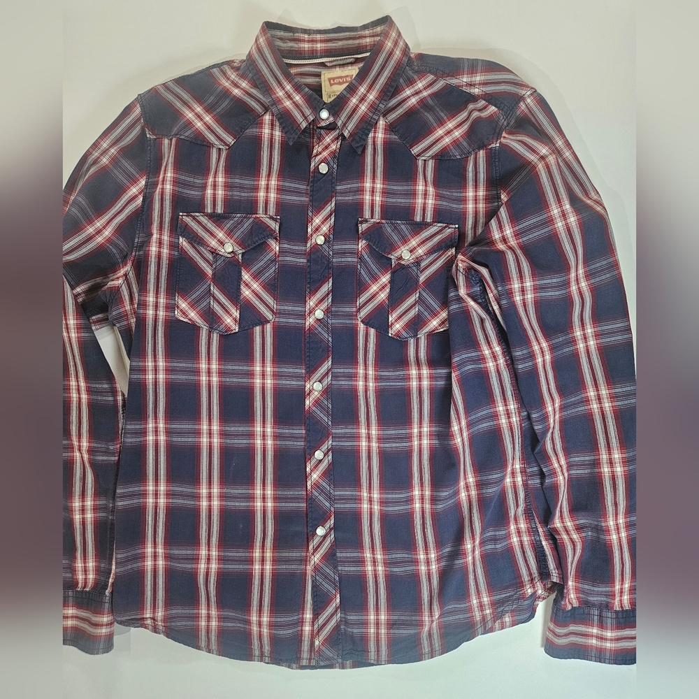 Levis Pearl‎ Snap Shirt Mens Large Red Navy Blue Plaid Classic Outdoor Western